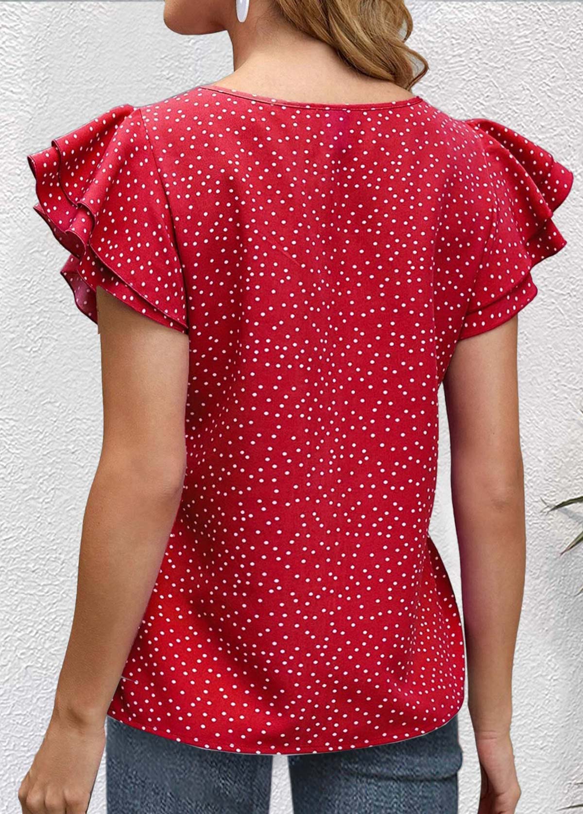 Polka Dot Cut Out Red Short Sleeve Blouse