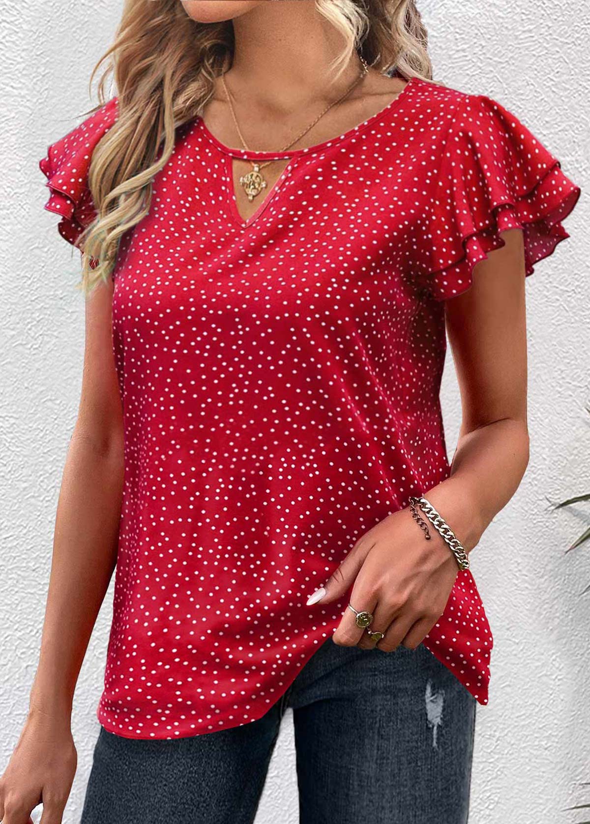 Polka Dot Cut Out Red Short Sleeve Blouse