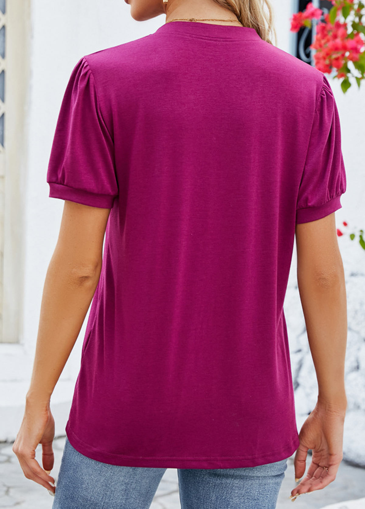 Tuck Stitch Dark Reddish Purple Short Sleeve T Shirt