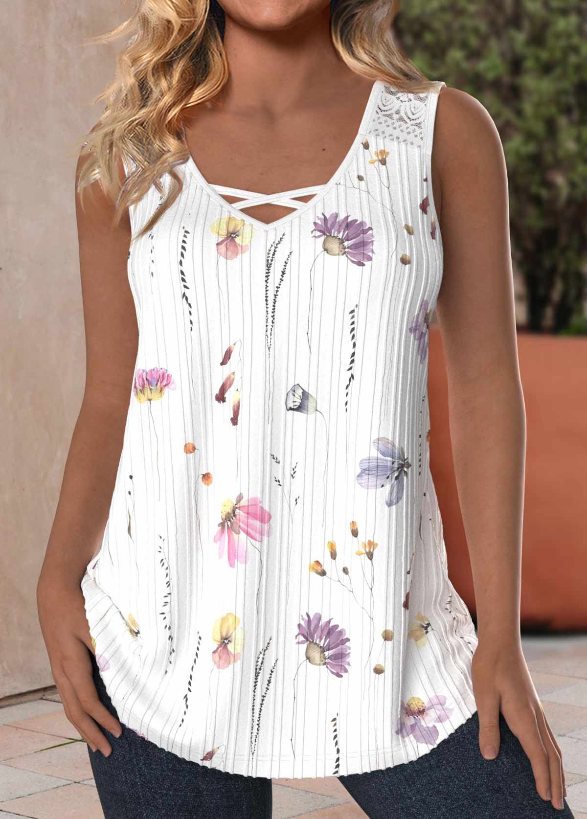 Plus Size White Lace Floral Print Sleeveless Tank Top