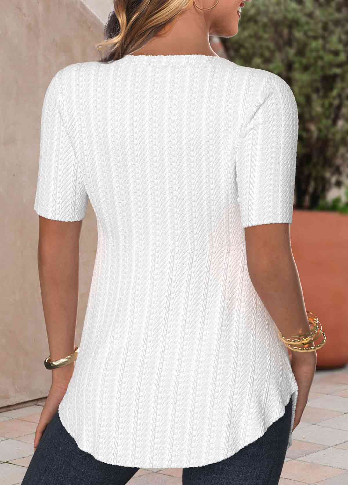 Textured Fabric White Short Sleeve Heart Collar T Shirt