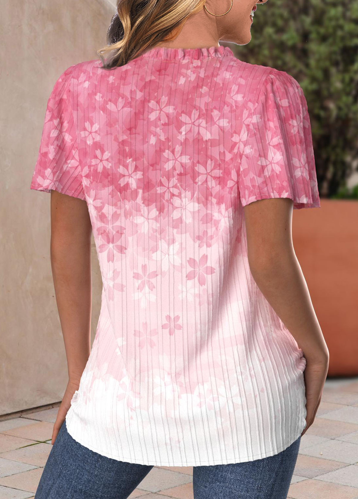 Floral Print Button Pink Short Sleeve Split Neck Blouse