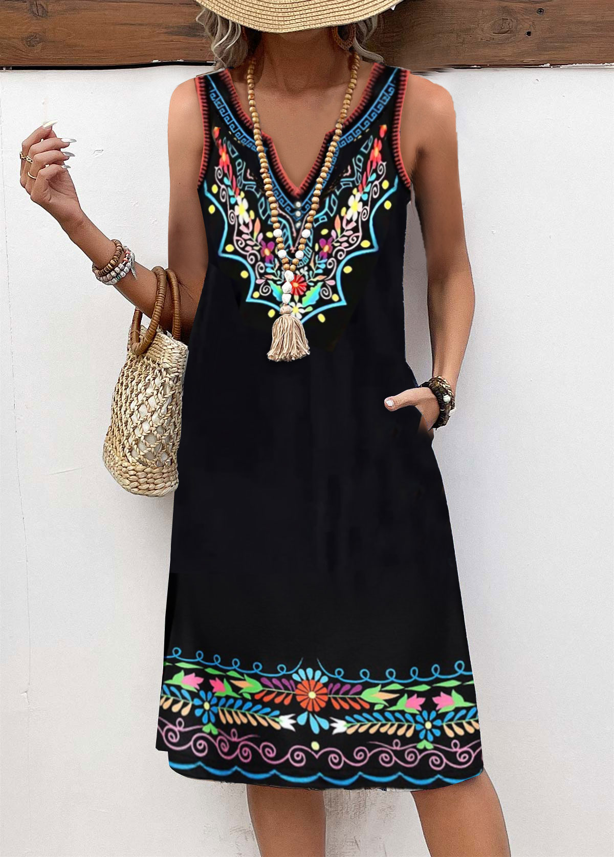Tribal Print Breathable Black A Line Sleeveless Dress