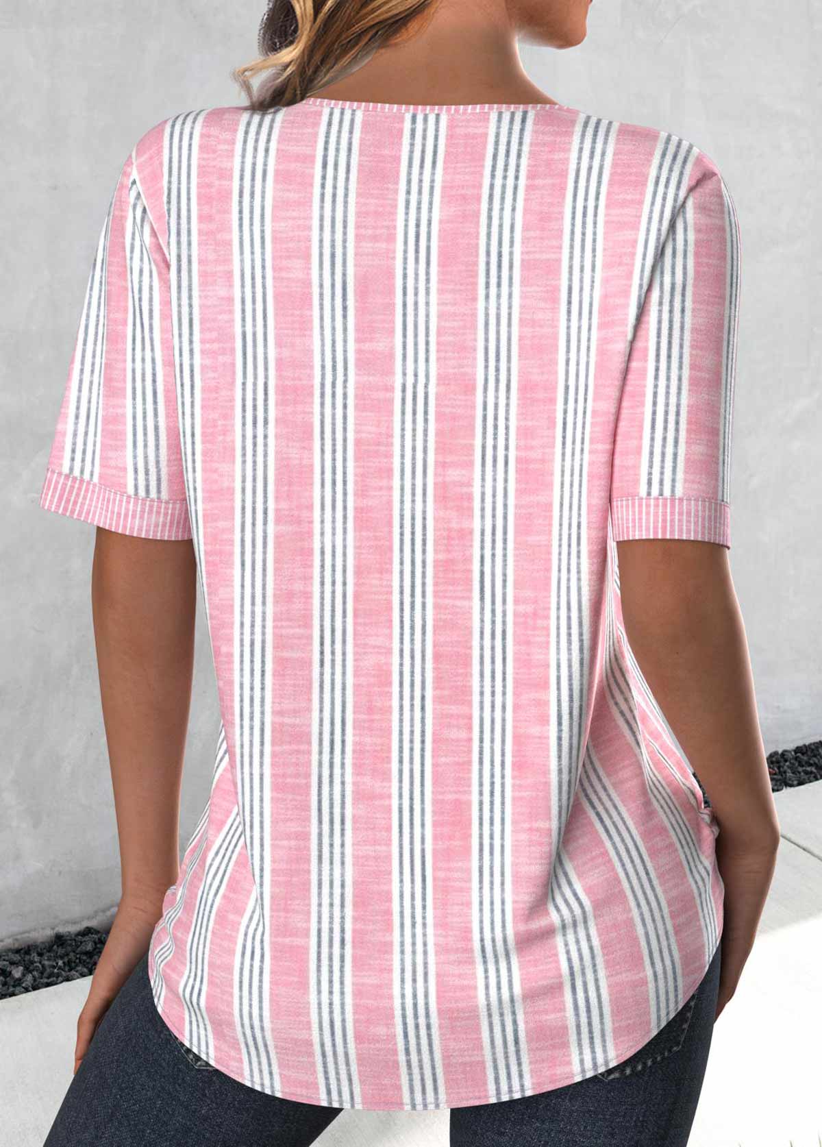 Striped Light Pink Short Sleeve Split Neck Blouse
