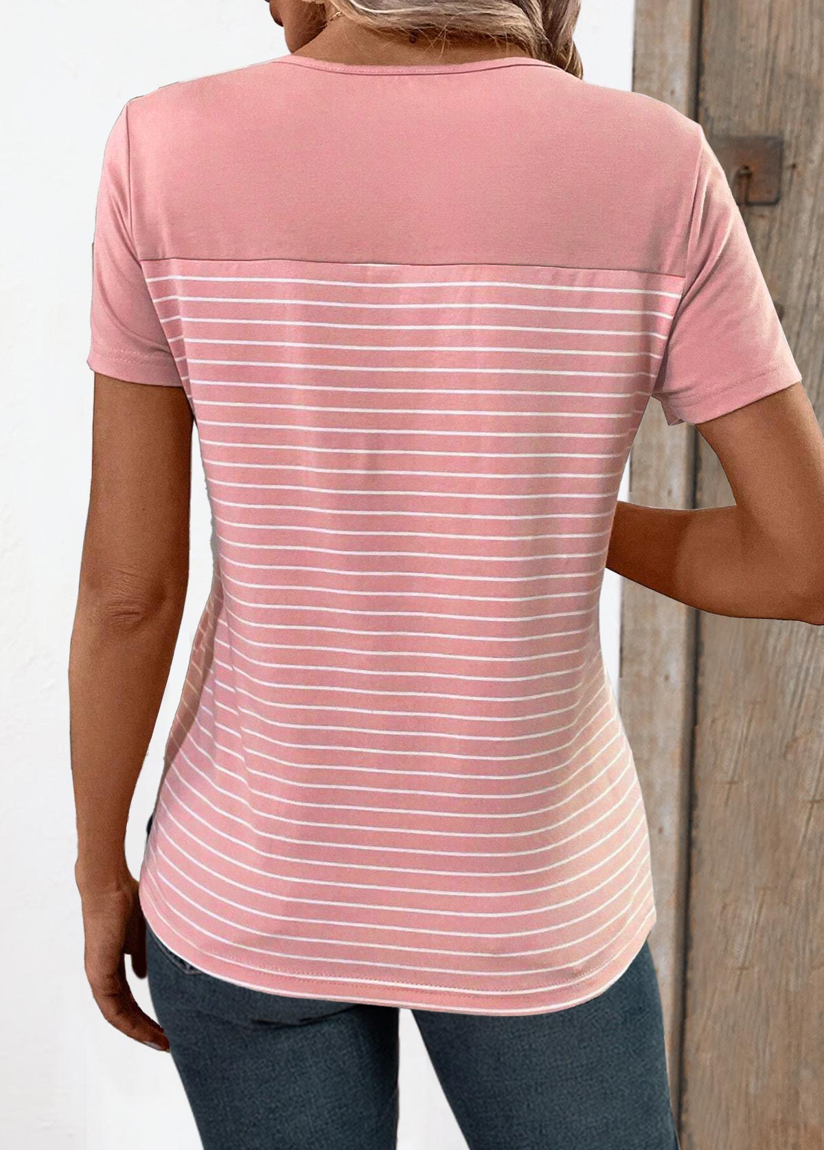 Striped Patchwork Dusty Pink Short Sleeve T Shirt