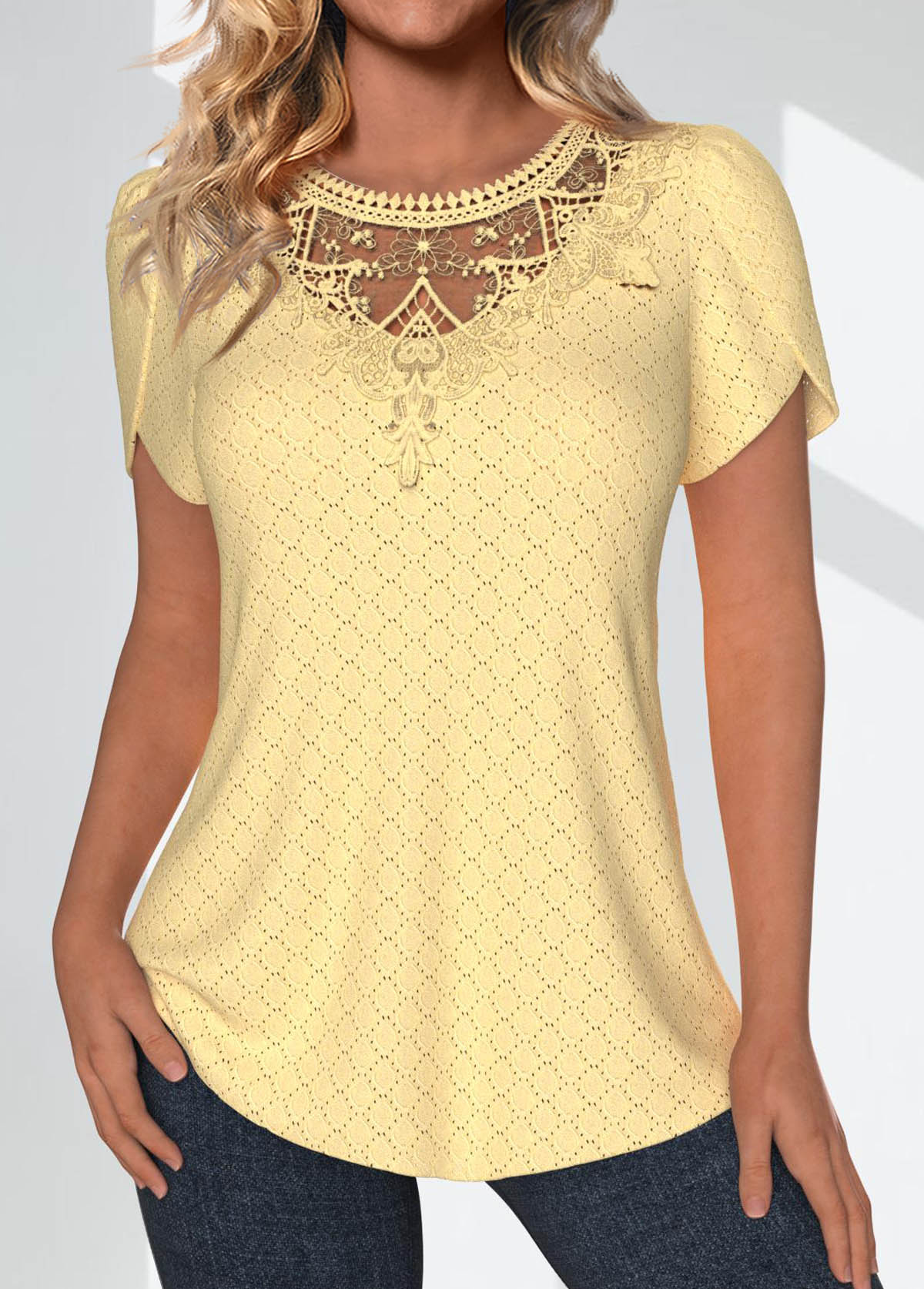 Lace Light Yellow Short Sleeve Round Neck T Shirt