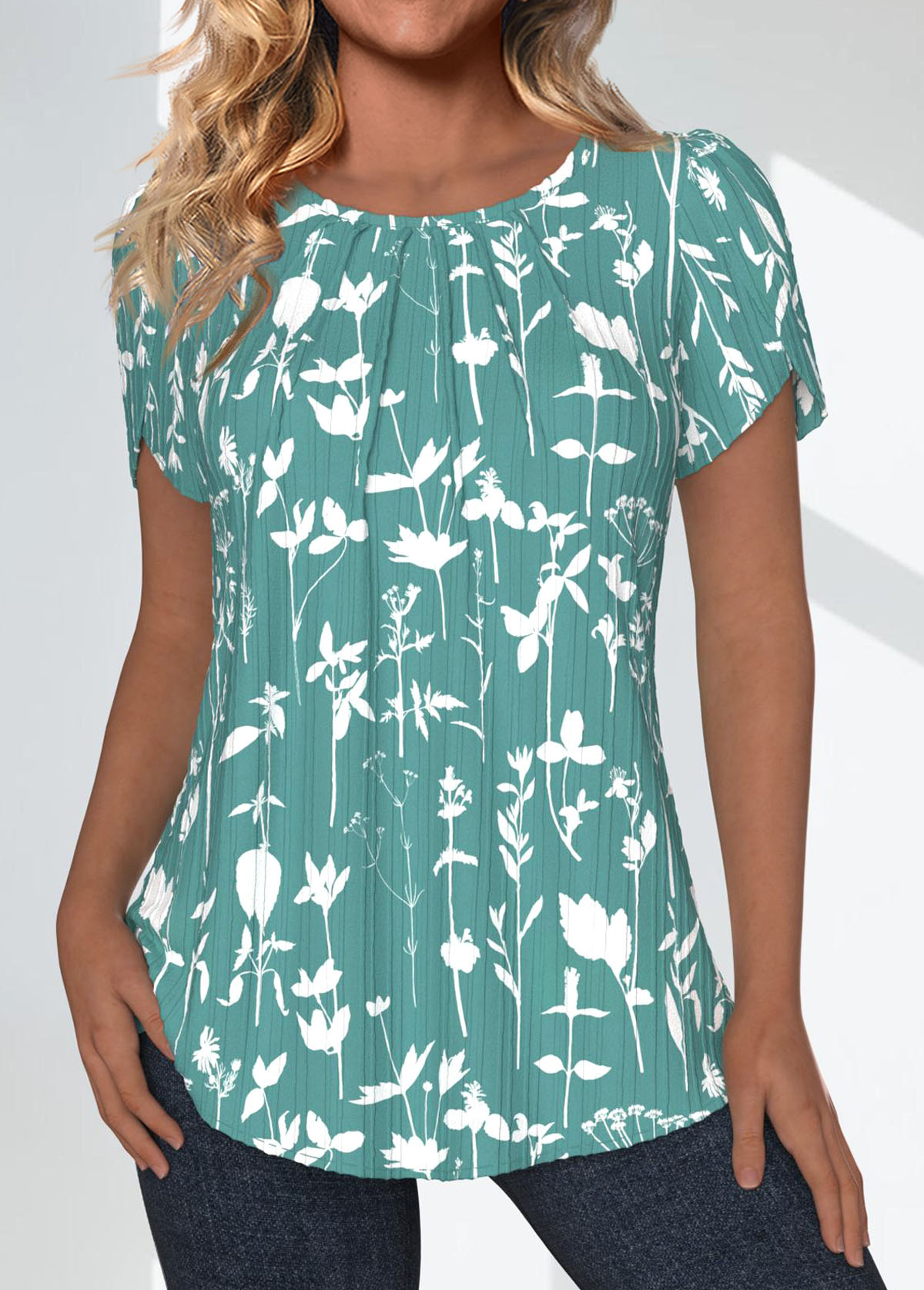 Floral Print Tuck Stitch Green Short Sleeve Blouse