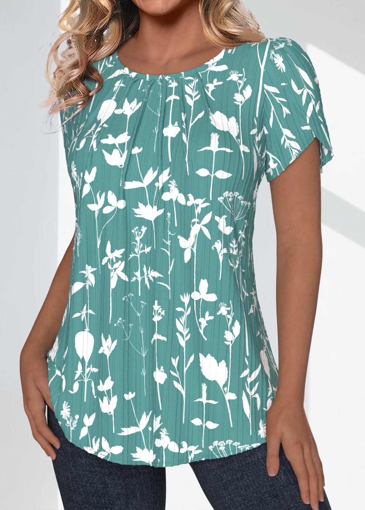 Floral Print Tuck Stitch Green Short Sleeve Blouse