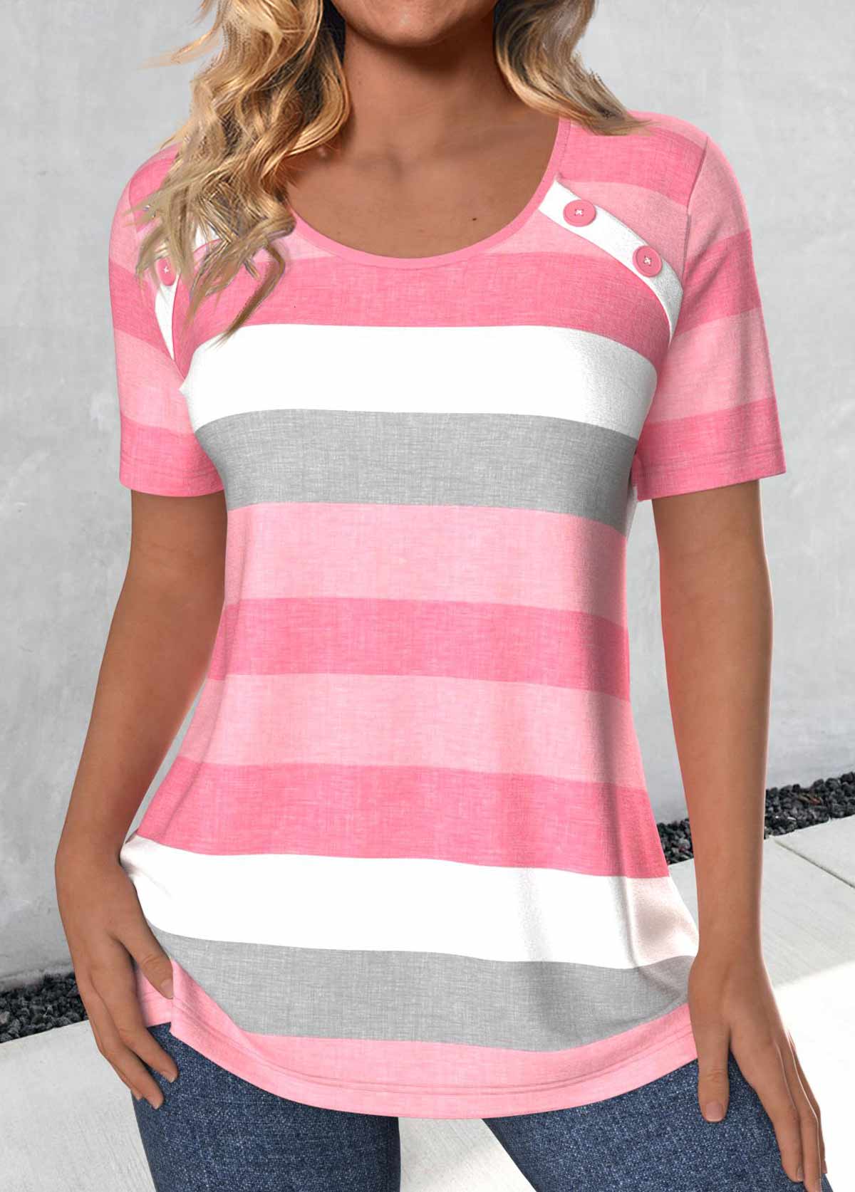 Striped Button Light Pink Short Sleeve T Shirt