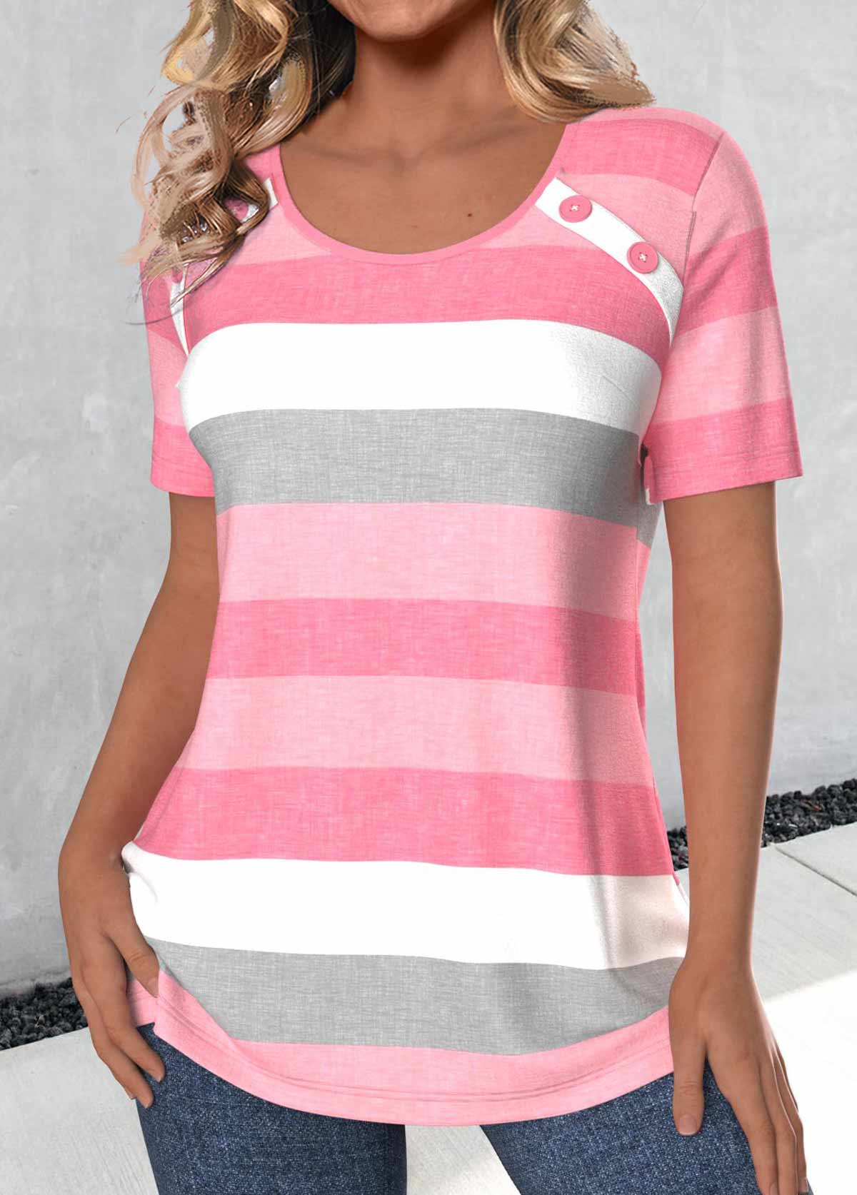 Striped Button Light Pink Short Sleeve T Shirt