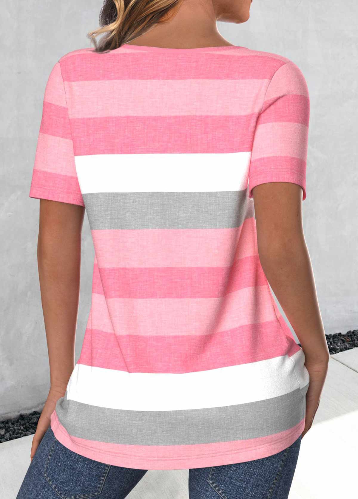 Striped Button Light Pink Short Sleeve T Shirt