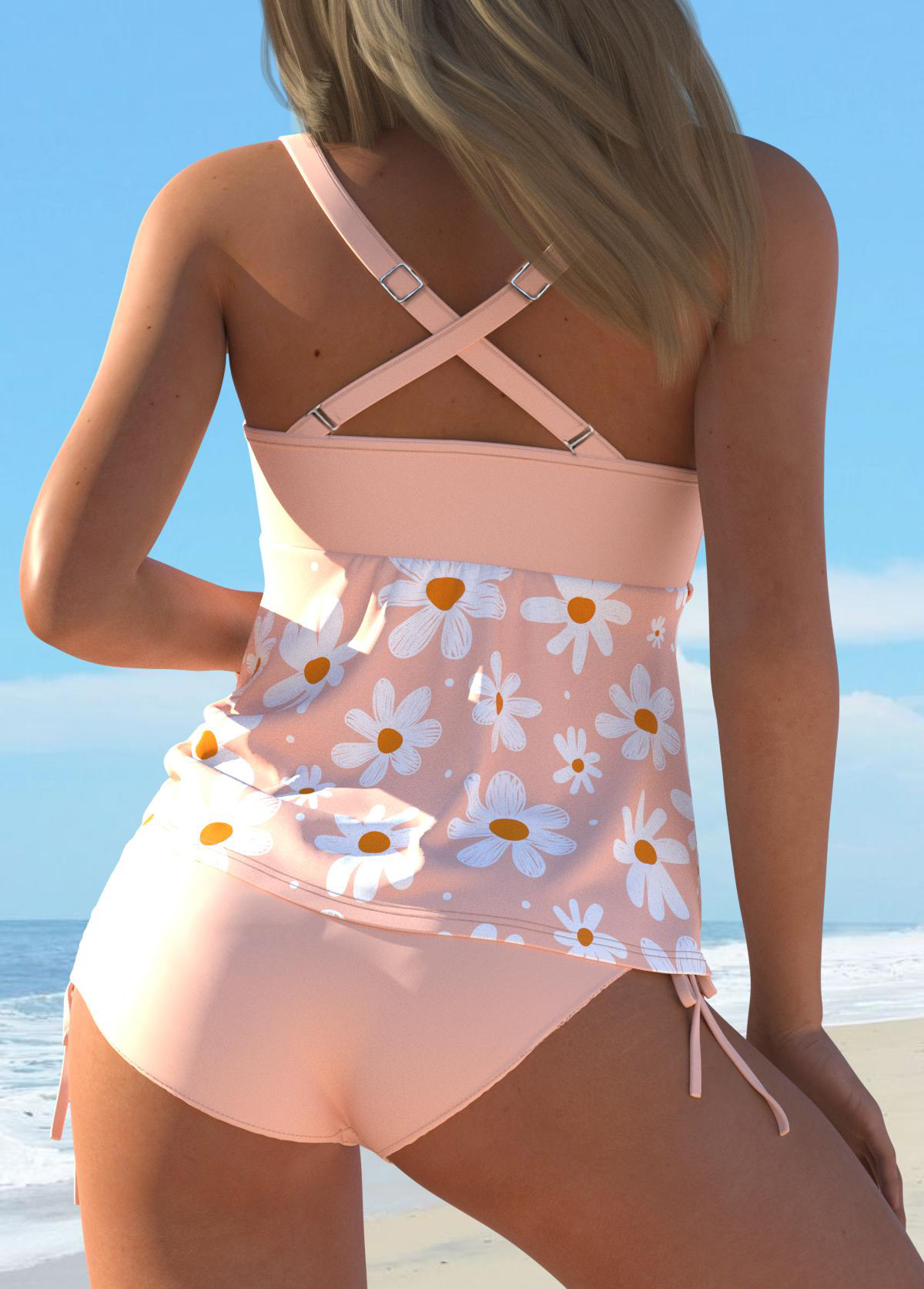 Floral Print Ruched Light Pink Tankini Set