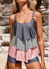 Mid Waisted Handkerchief Hem Dark Grey Tankini Set