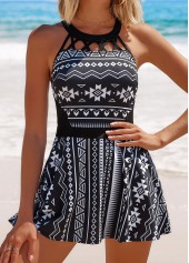 Mid Waisted Tribal Print Cage Neck Swimdress and Panty