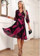 Graffiti Print Layered Belted Black 3/4 Sleeve Dress