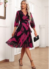 Graffiti Print Layered Belted Black 3/4 Sleeve Dress