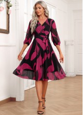 Graffiti Print Layered Belted Black 3/4 Sleeve Dress