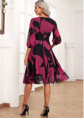 Graffiti Print Layered Belted Black 3/4 Sleeve Dress
