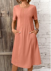 Pocket Brick Red A Line Short Sleeve Dress