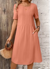 Pocket Brick Red A Line Short Sleeve Dress