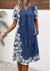 Floral Print Pocket Denim Blue A Line Dress