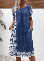 Floral Print Pocket Denim Blue A Line Dress