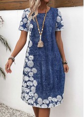 Floral Print Pocket Denim Blue A Line Dress