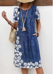 Floral Print Pocket Denim Blue A Line Dress