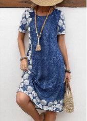 Floral Print Pocket Denim Blue A Line Dress