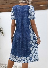 Floral Print Pocket Denim Blue A Line Dress
