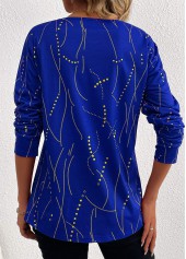 Geometric Print Button Dark Blue Long Sleeve T Shirt