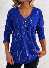 Geometric Print Button Dark Blue Long Sleeve T Shirt