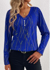 Geometric Print Button Dark Blue Long Sleeve T Shirt