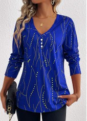 Geometric Print Button Dark Blue Long Sleeve T Shirt