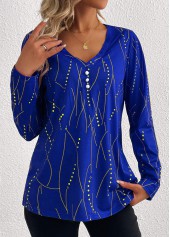 Geometric Print Button Dark Blue Long Sleeve T Shirt