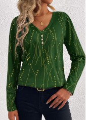 Geometric Print Button Green Long Sleeve T Shirt