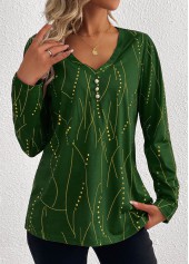 Geometric Print Button Green Long Sleeve T Shirt