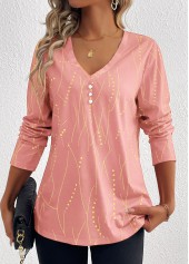 Geometric Print Button Pink Long Sleeve T Shirt