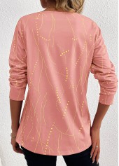 Geometric Print Button Pink Long Sleeve T Shirt