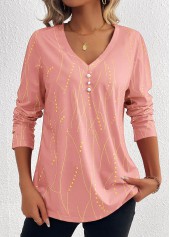 Geometric Print Button Pink Long Sleeve T Shirt
