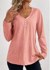 Geometric Print Button Pink Long Sleeve T Shirt