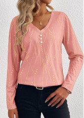 Geometric Print Button Pink Long Sleeve T Shirt