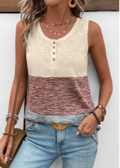 Round Neck Patchwork Light Coffee Tank Top