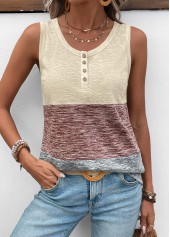 Round Neck Patchwork Light Coffee Tank Top