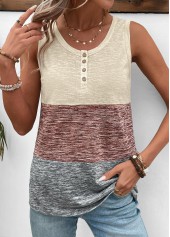 Round Neck Patchwork Light Coffee Tank Top