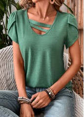 Patchwork Turquoise Short Sleeve V Neck T Shirt