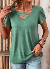 Patchwork Turquoise Short Sleeve V Neck T Shirt