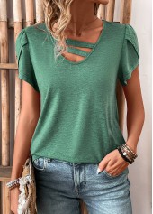 Patchwork Turquoise Short Sleeve V Neck T Shirt