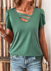 Patchwork Turquoise Short Sleeve V Neck T Shirt