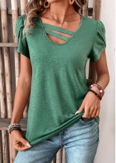 Patchwork Turquoise Short Sleeve V Neck T Shirt
